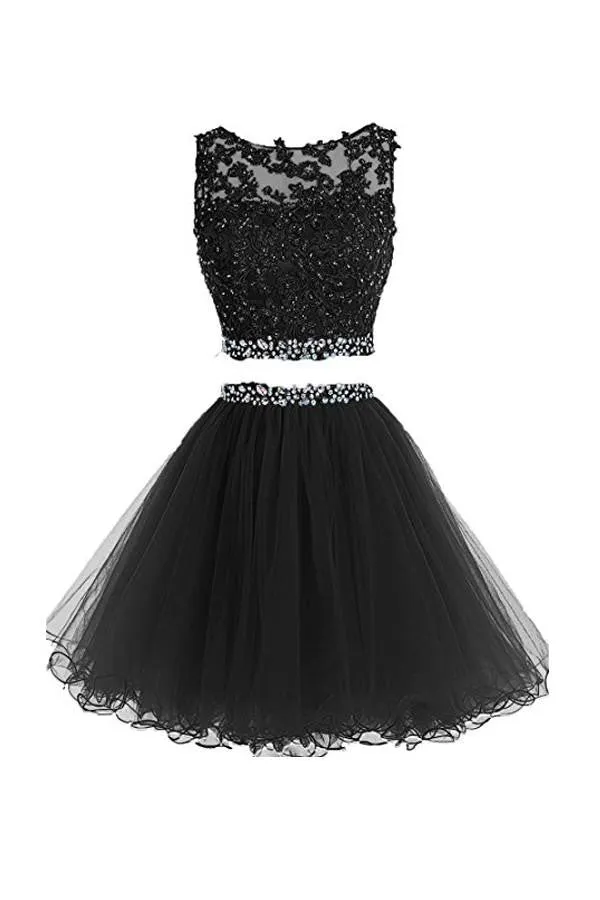 Two Pieces A Line Tulle Applique Short Homecoming/Prom Dress With Beads OK341
