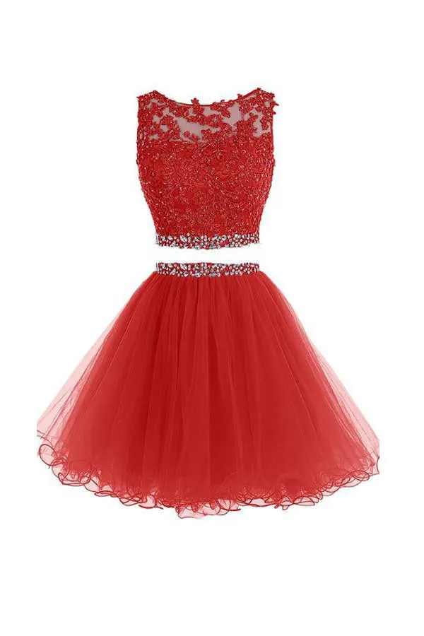 Two Pieces A Line Tulle Applique Short Homecoming/Prom Dress With Beads OK341