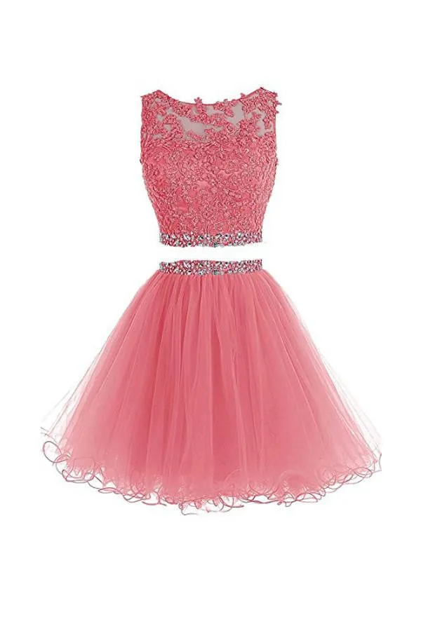 Two Pieces A Line Tulle Applique Short Homecoming/Prom Dress With Beads OK341