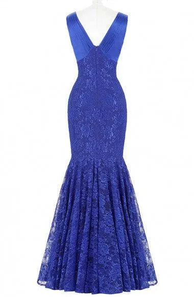 V-Neck Sleeveless Floor Length Royal Blue Mermaid Lace Prom Dress  TP0028