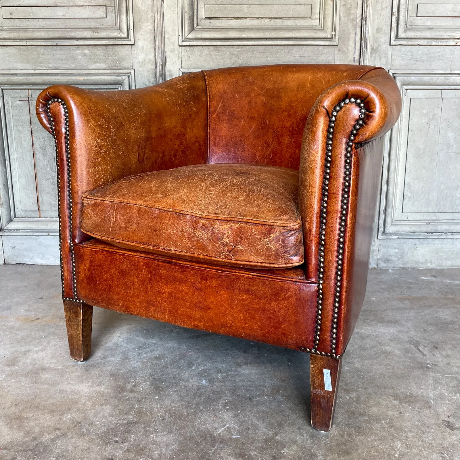 Vintage European Leather Tub Chair with Brass Nailhead Detail