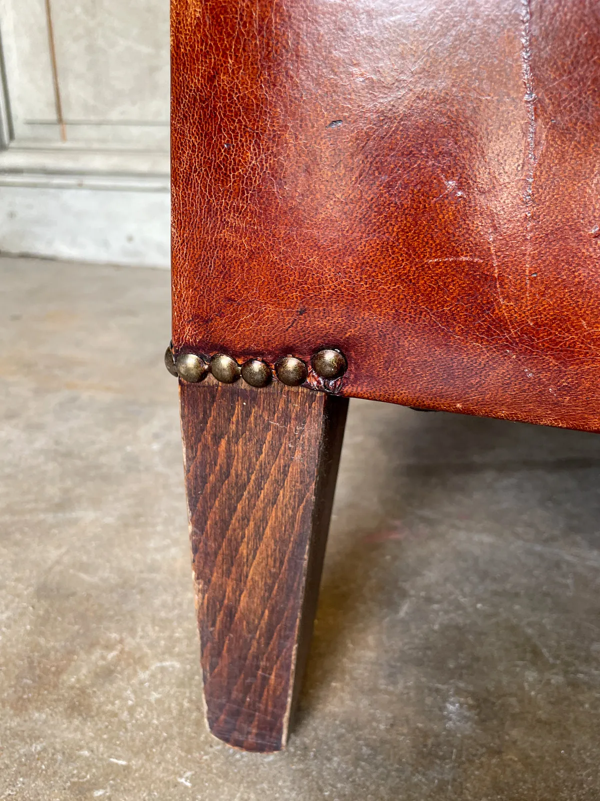 Vintage European Leather Tub Chair with Brass Nailhead Detail