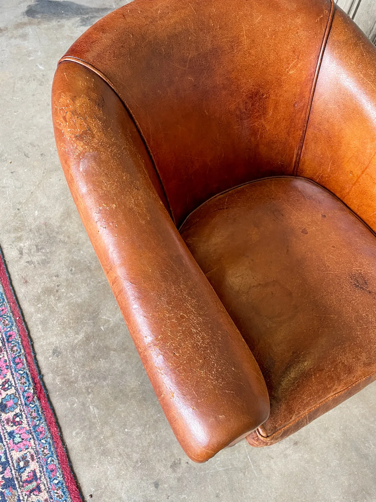 Vintage European Leather Tub Chair with Brass Nailhead Detail