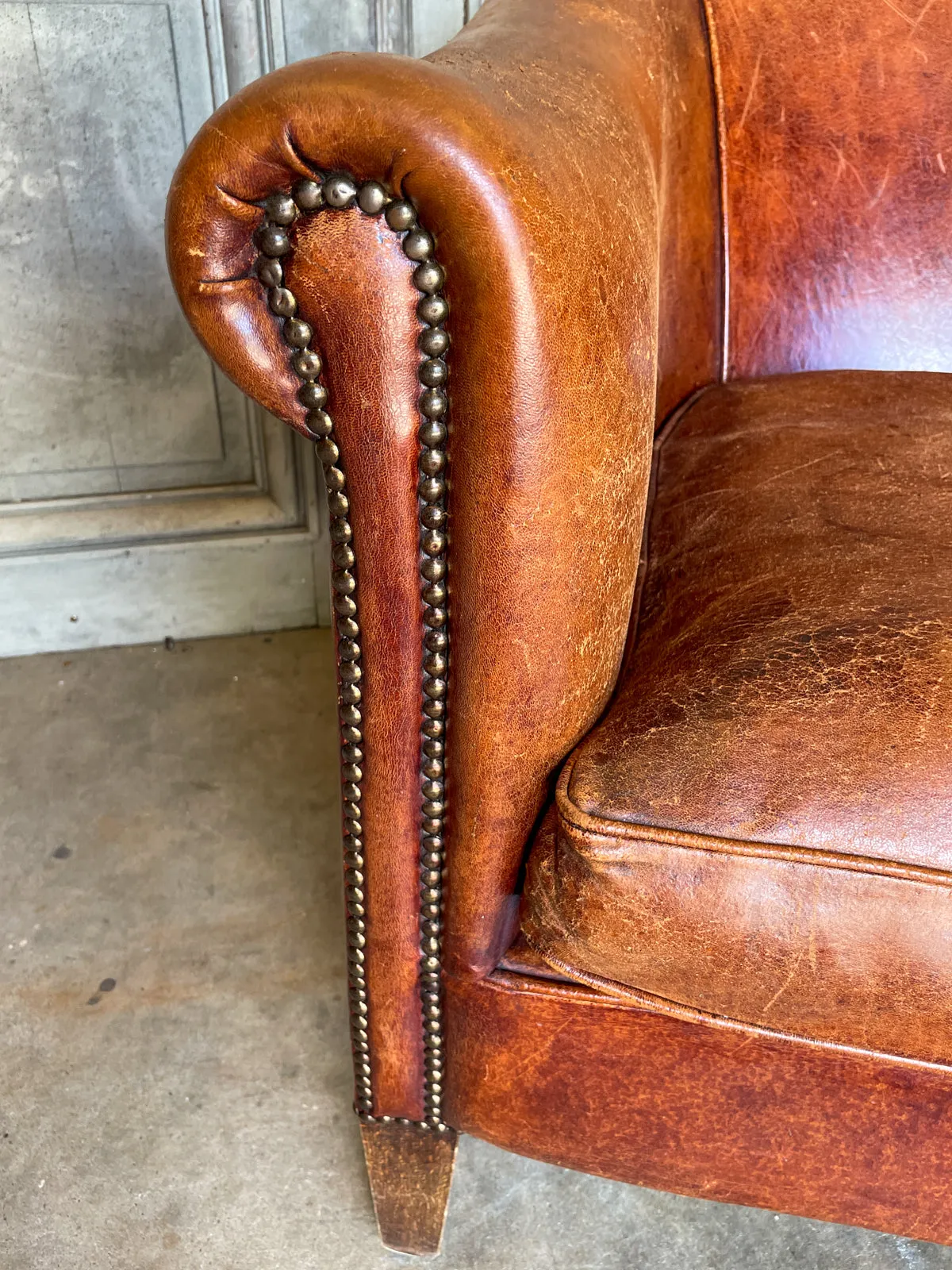 Vintage European Leather Tub Chair with Brass Nailhead Detail