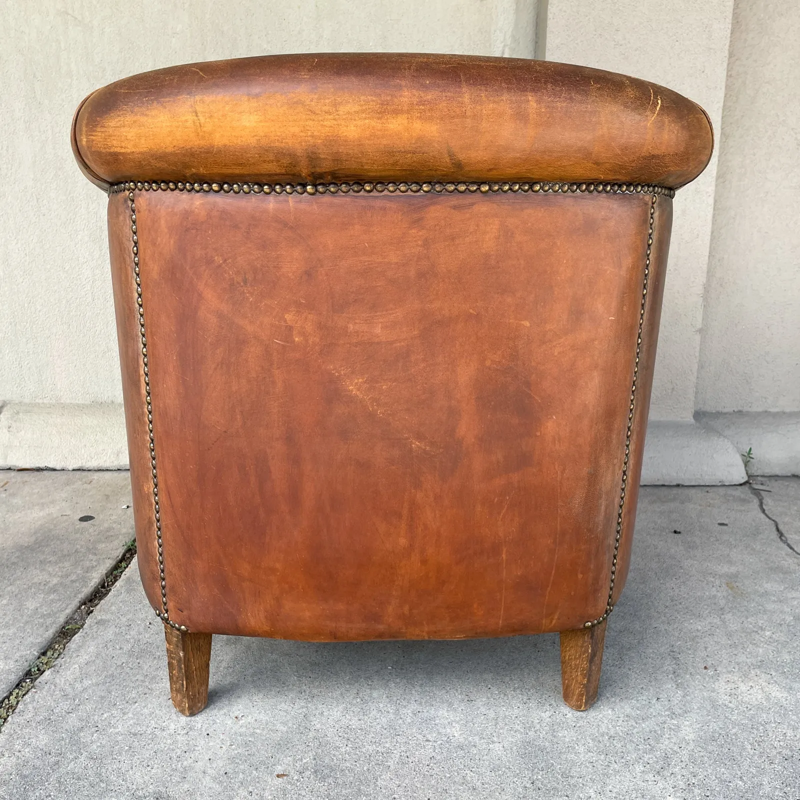 Vintage European Leather Tub Chair with Brass Nailhead Detail