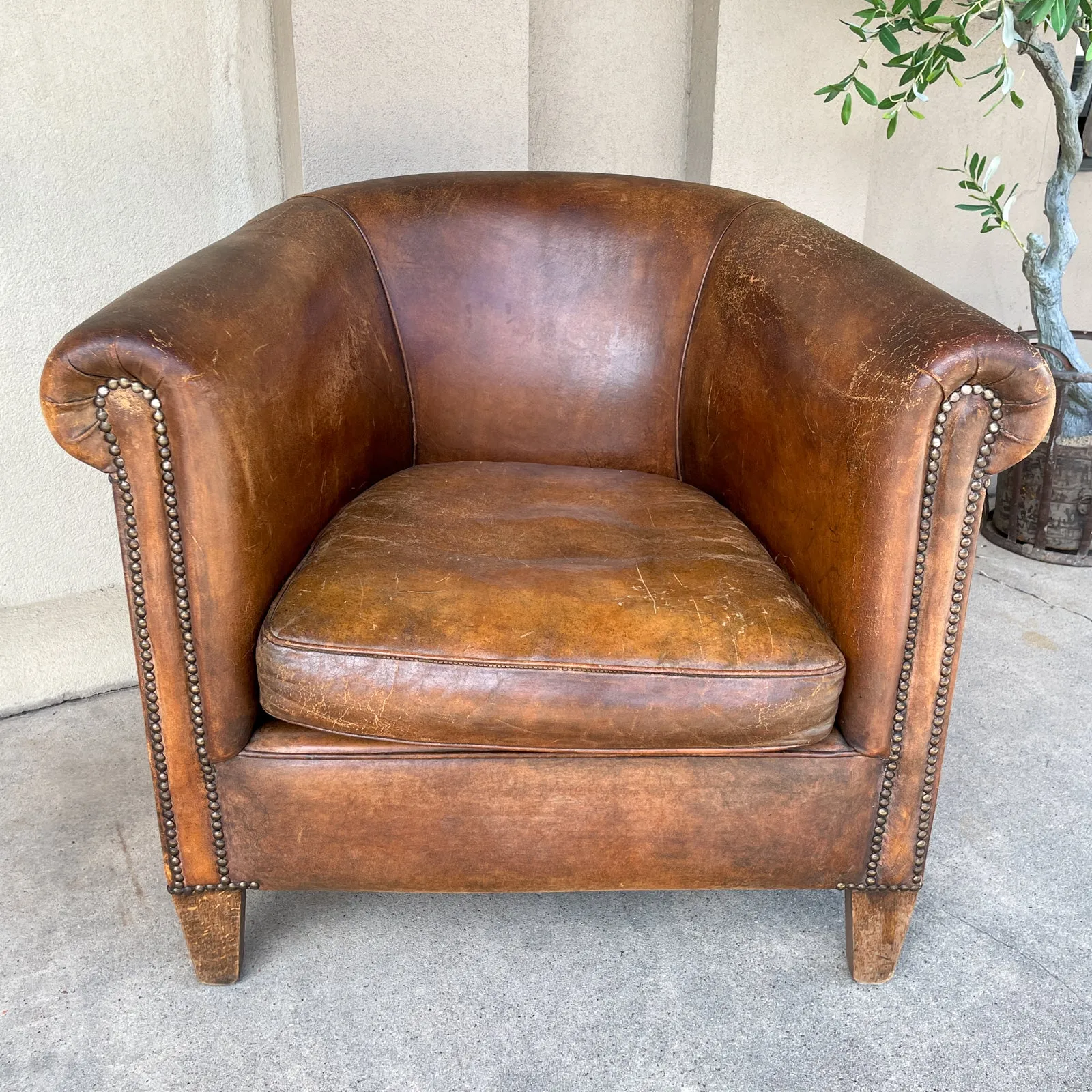Vintage European Leather Tub Chair with Brass Nailhead Detail