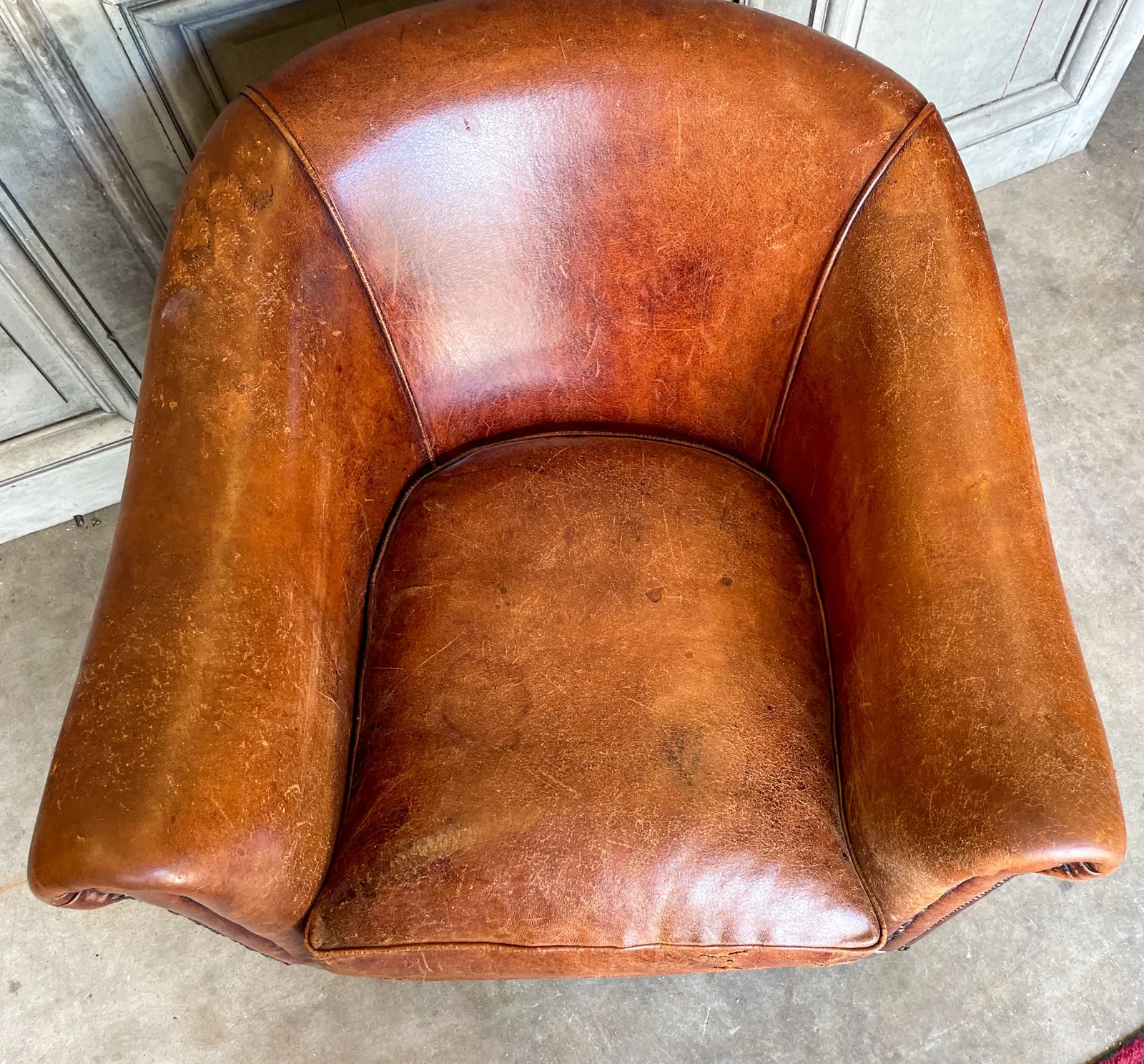 Vintage European Leather Tub Chair with Brass Nailhead Detail