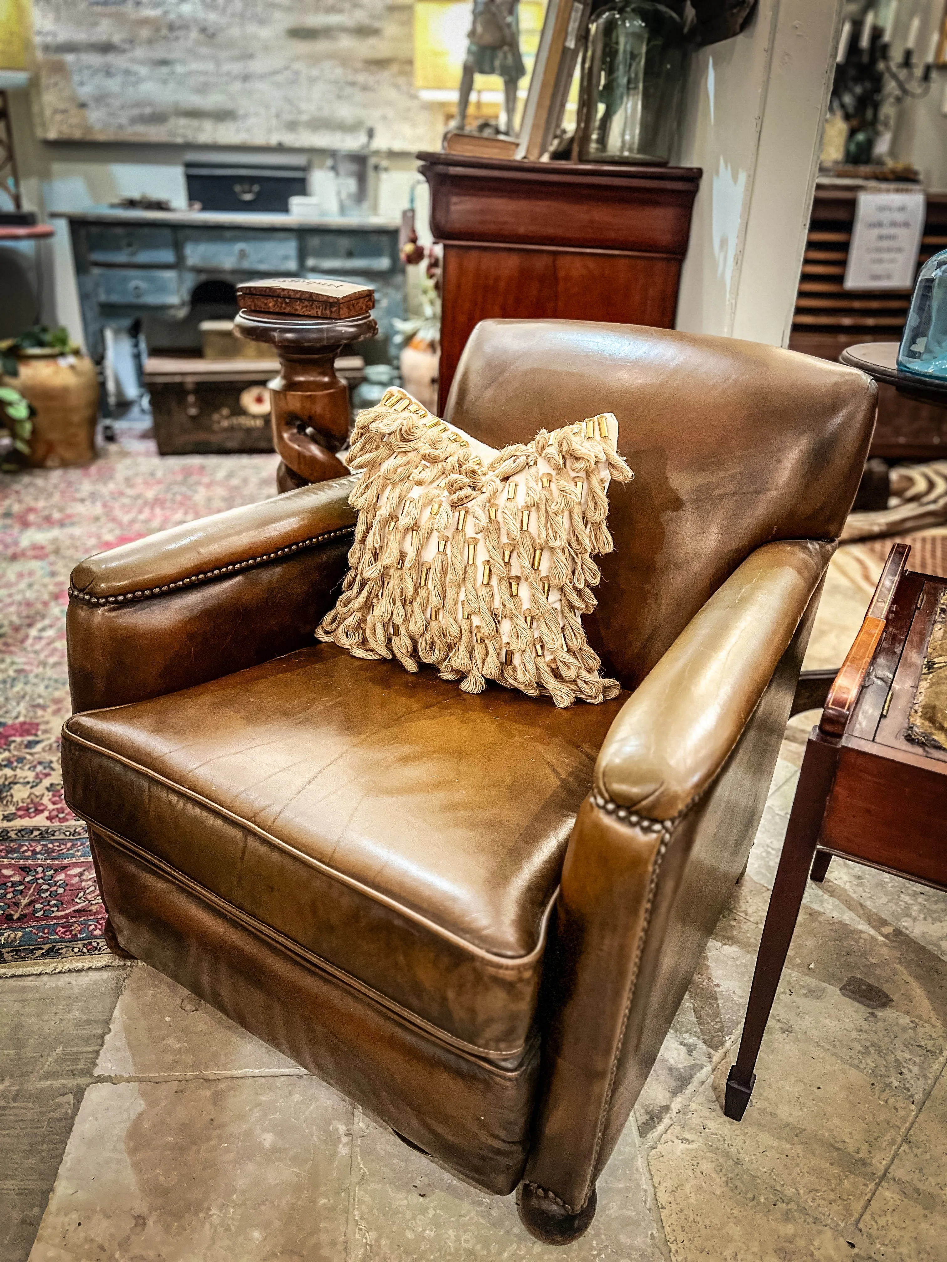 Vintage French Leather Chair with Nailhead Detail