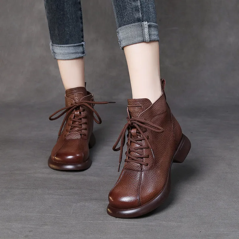 Vintage Leather Flat Women's Boots Cowhide Comfortable Women's Shoes