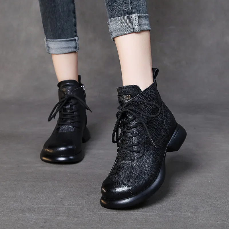 Vintage Leather Flat Women's Boots Cowhide Comfortable Women's Shoes