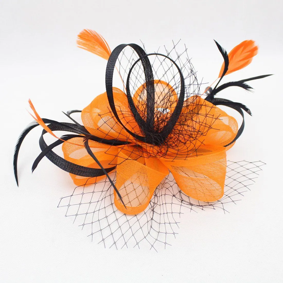 Wedding Bridal Looped Ribbon Net veil Feather Hair Clip Fascinator Kentucky Derby Cocktail Hat