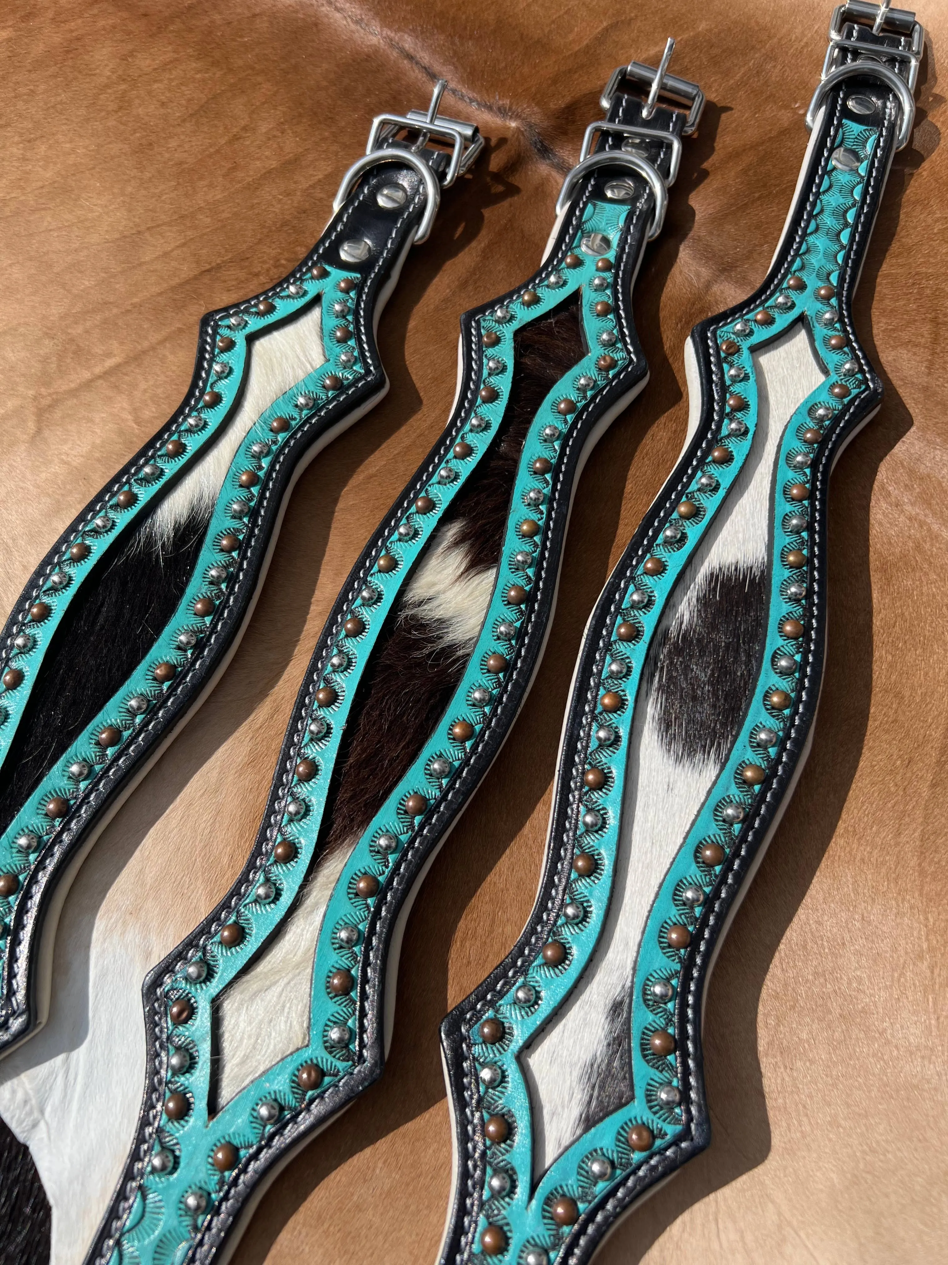 Western Hair On Cowhide Scalloped Turquoise Dog Collar