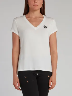White Monogram Appliquéd V-Neck T-Shirt