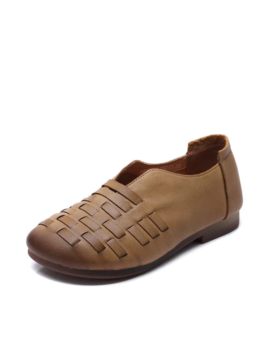 Women Retro Leather Weave Low Heel Shoes