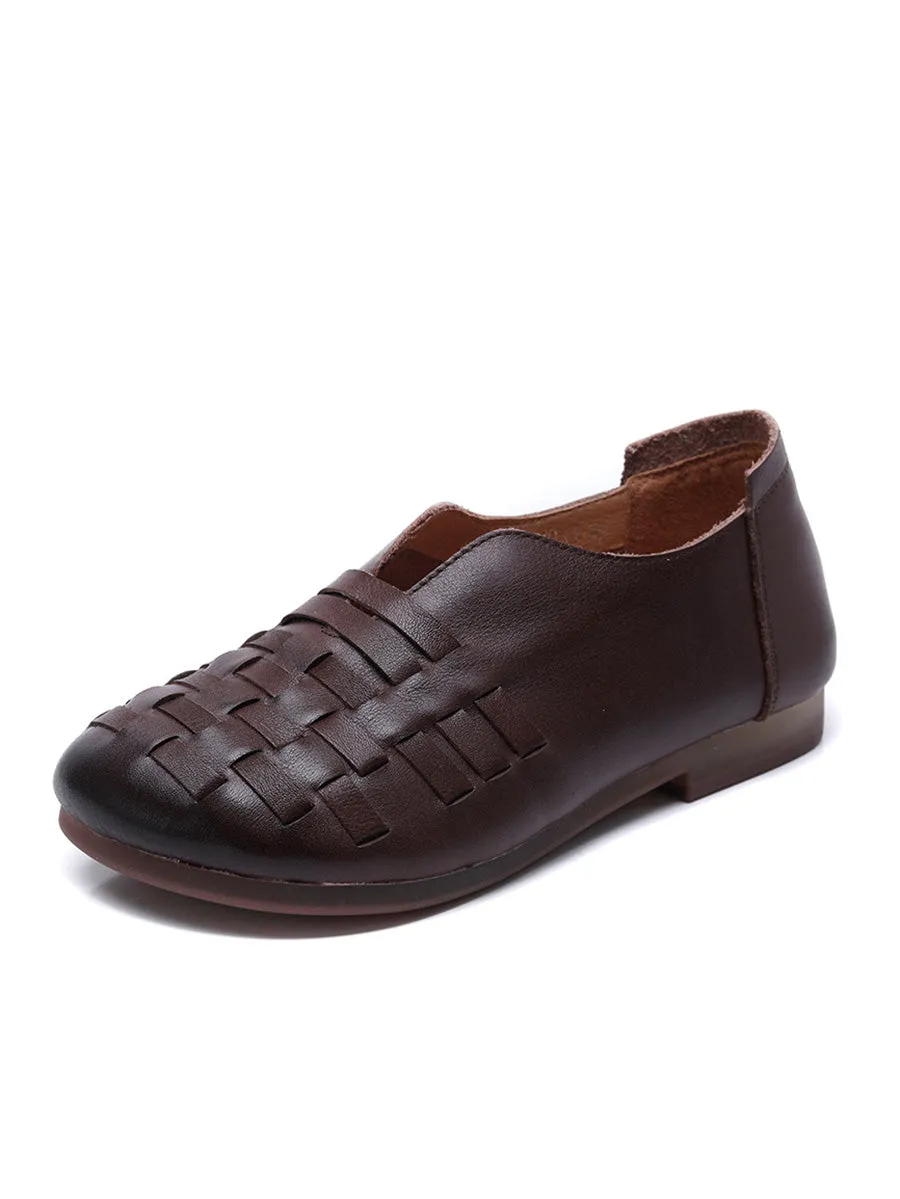 Women Retro Leather Weave Low Heel Shoes