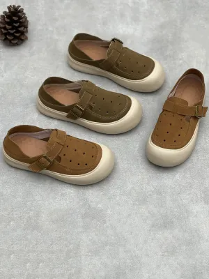 Women Vintage Summer Genuine Leather Hollow Out Flat Shoes