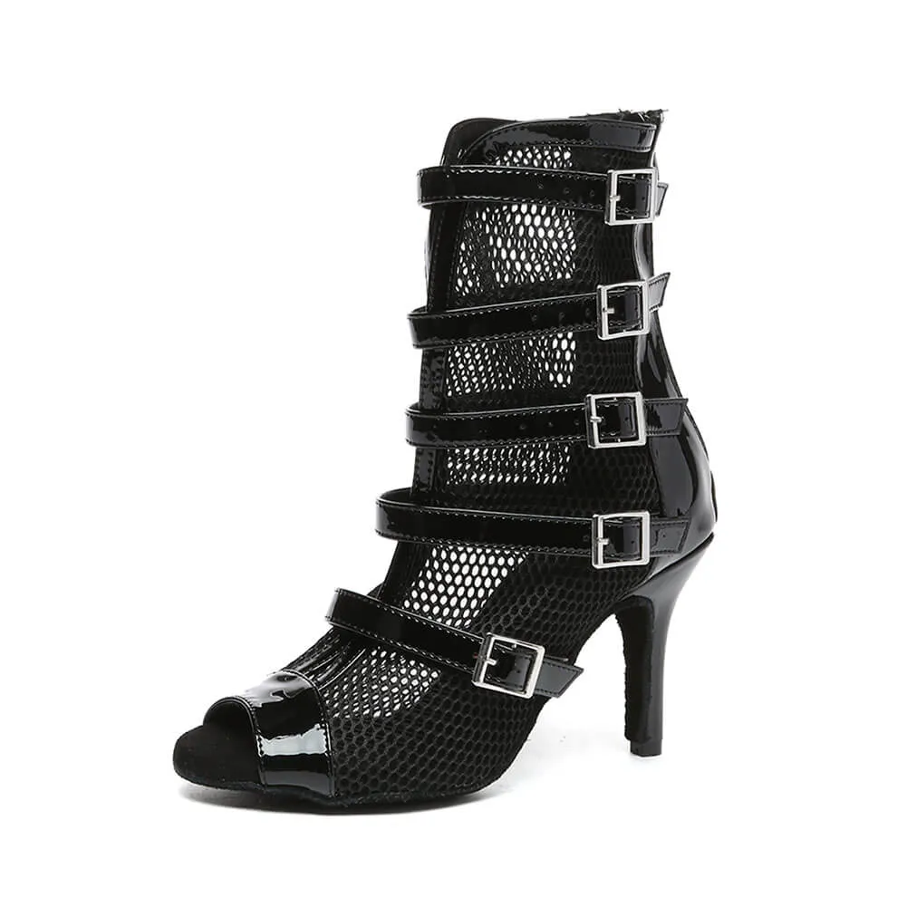 Women's Black Patent Leather Buckle Mesh Dance Booties