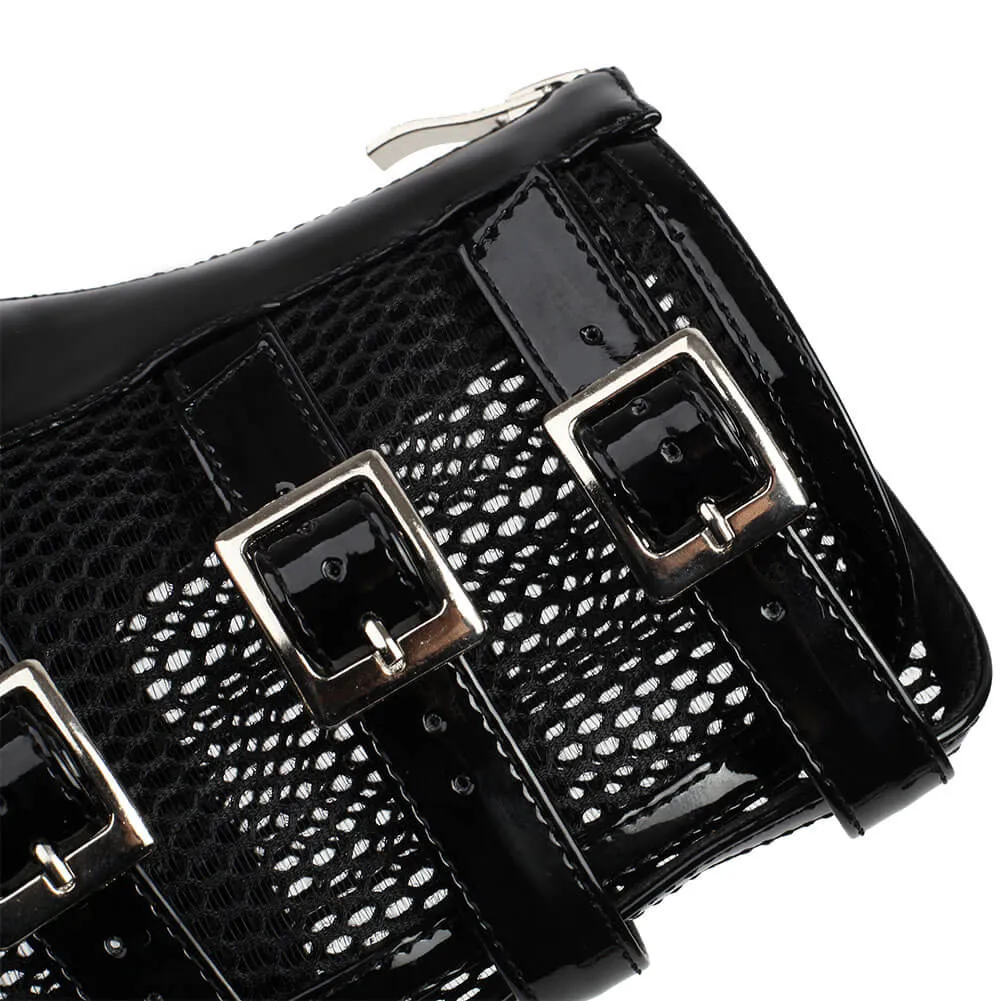 Women's Black Patent Leather Buckle Mesh Dance Booties