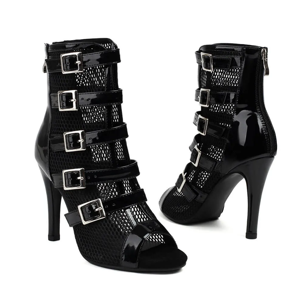 Women's Black Patent Leather Buckle Mesh Dance Booties