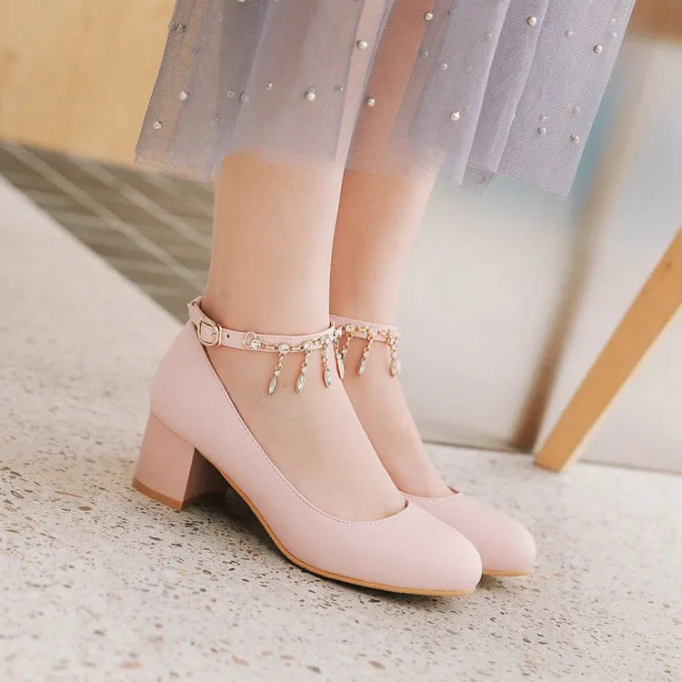 Women's Rhinestone Ankle Strap Pumps Chunky Heeled Shoes