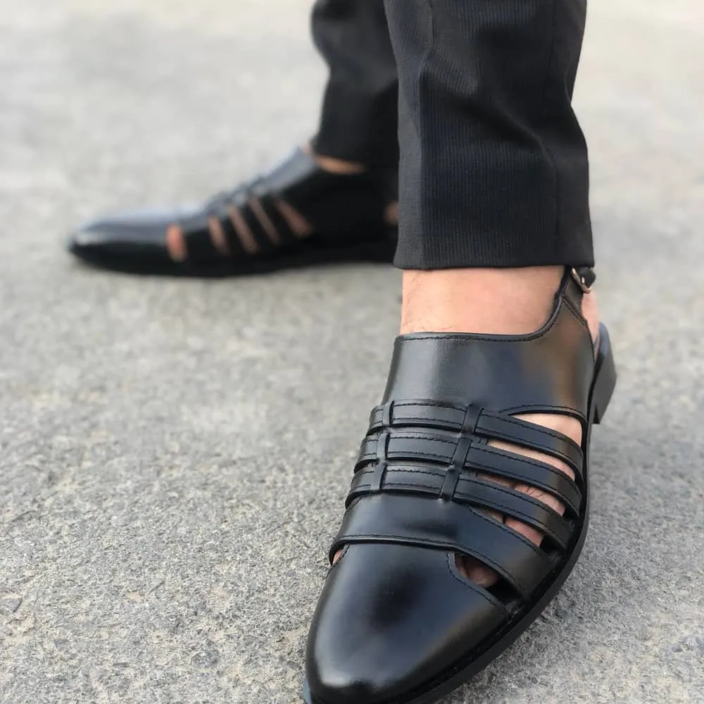 WS Pure leather Handmade Strips Black Sandal S-00671