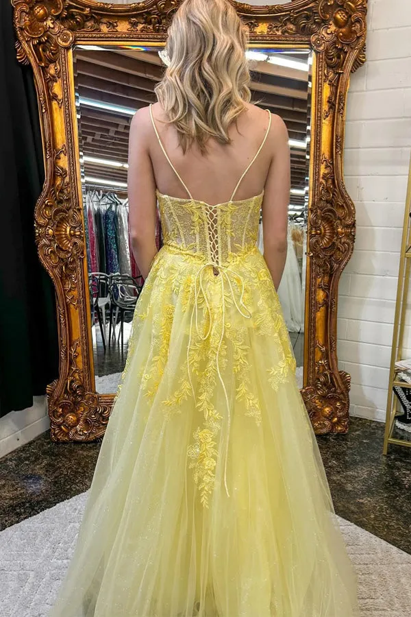 Yellow Spaghetti Straps A-line Lace Appliques Prom Dress TP1256